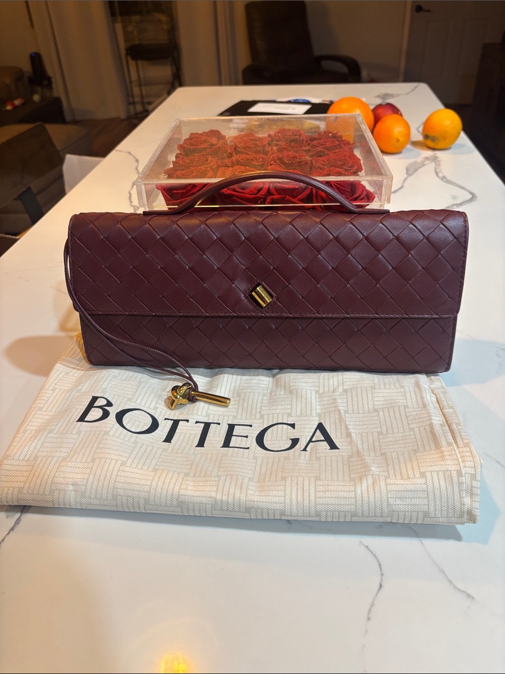 Bottega Veneta Bordeaux Intrecciato Leather Clutch with Gold Accent